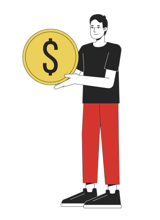 Young optimistic man holding golden coin  Illustration