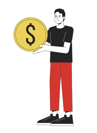 Young optimistic man holding golden coin  Illustration