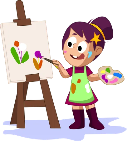 A Young Girl Joyfully Painting On An Easel Wearing A Colorful Apron Splattered With Paint Highlighting The Joy And Messiness Of Painting Illustration