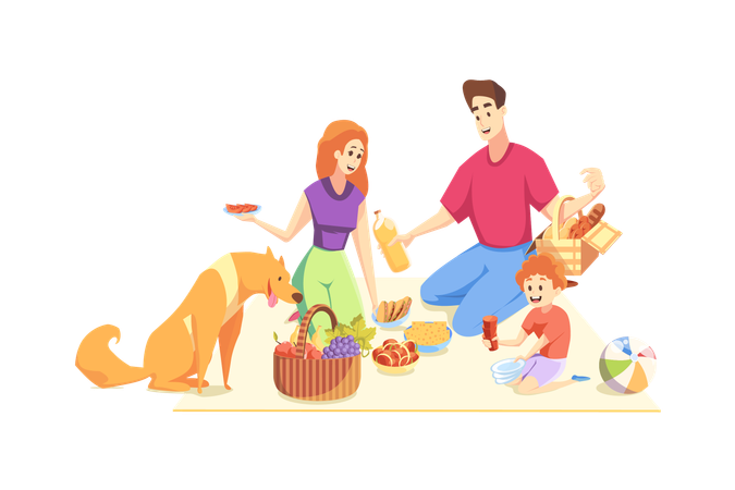 Young parent and son with dog relax on picnic at holidays together  Illustration