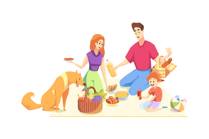 Young parent and son with dog relax on picnic at holidays together  Illustration