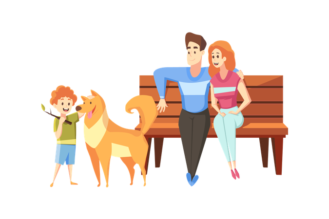 Young parent sit on bench with child and dog pet in park together  Illustration