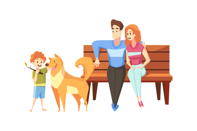 Fatherhood Motehrhood Childhood Rest Concept Cartoon Characters Young Family Man Father Woman Mother Sit On Bench With Child Kid Son And Dog Pet In Park Together Happy Househld Recreation Vector Illustration