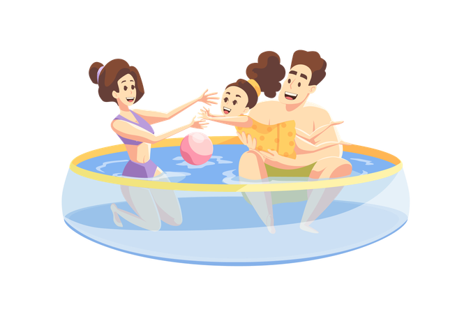 Young parent with daughter play with rubber ball in inflatable pool together  Illustration