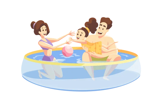 Fatherhood Motherhood Family Fun Concept Cartoon Characters Young Man Father Woman Mother With Child Kid Daughter Play With Rubber Ball In Inflatable Pool Together Leisure Time Of Happy Household Illustration