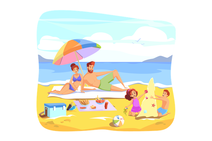 Young parent with kids on beach  Illustration