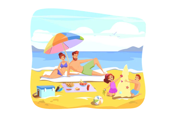 Summer Vacation Rest Family Holiday Concept Happy Young Father Mother With Children Kids Son Daughter Tourists Travelers On Holiday Rest Sandy Beach Together Summer Vacation At Sea Or Ocean Coast Illustration