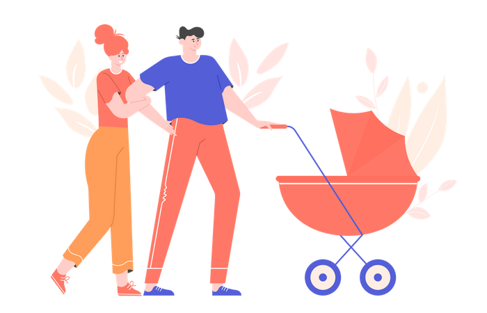 Young parents are walking with a stroller  Illustration