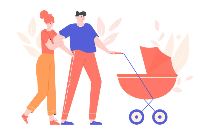 Young parents are walking with a stroller  Illustration