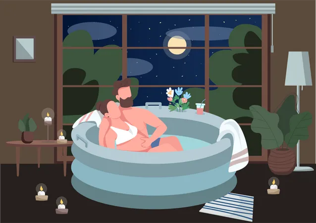 Young parents sitting in bathtub  Illustration