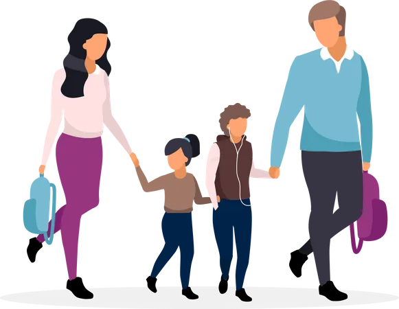 Young parents taking children from school Illustration