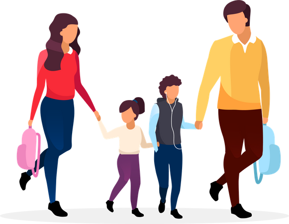 Young parents taking children from school Illustration