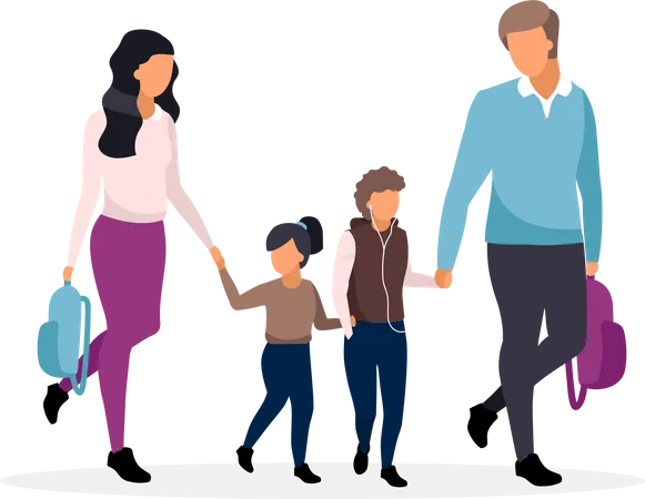 Young parents taking children from school  Illustration