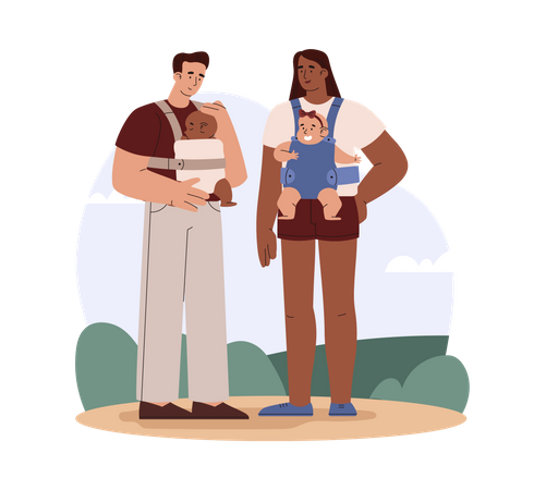 Young parents walking with baby in sling  Illustration