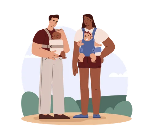 Young parents walking with baby in sling  Illustration