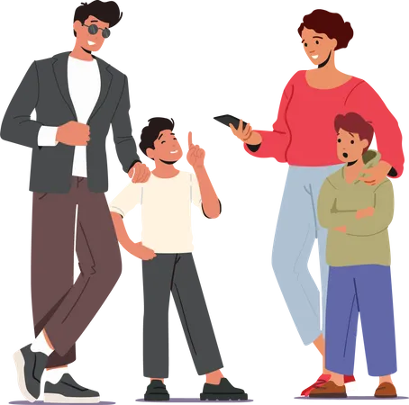 Young Parents With Children Mother And Father Loving Happy Family Characters Spend Time With Kids Mom And Dad With Two Sons Laughing And Chatting Together Cartoon People Vector Illustration Illustration