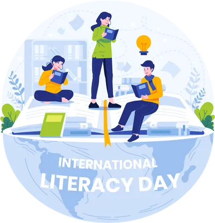 International Literacy Day Illustration Young People Celebrate Literacy Day By Reading Books Illustration