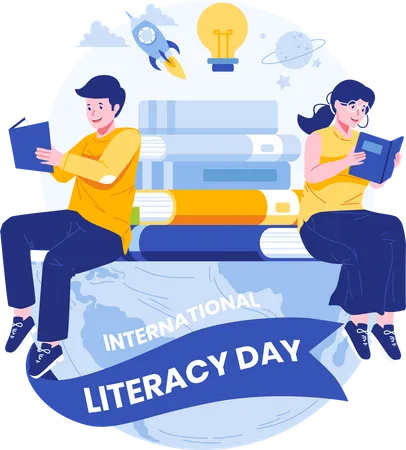 Young People Celebrate Literacy Day by Reading Books  Illustration