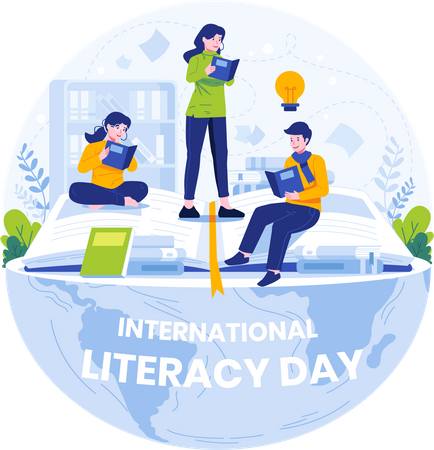 Young People Celebrate Literacy Day by Reading Books  Illustration