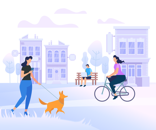 Young People Characters Walking in City  Illustration