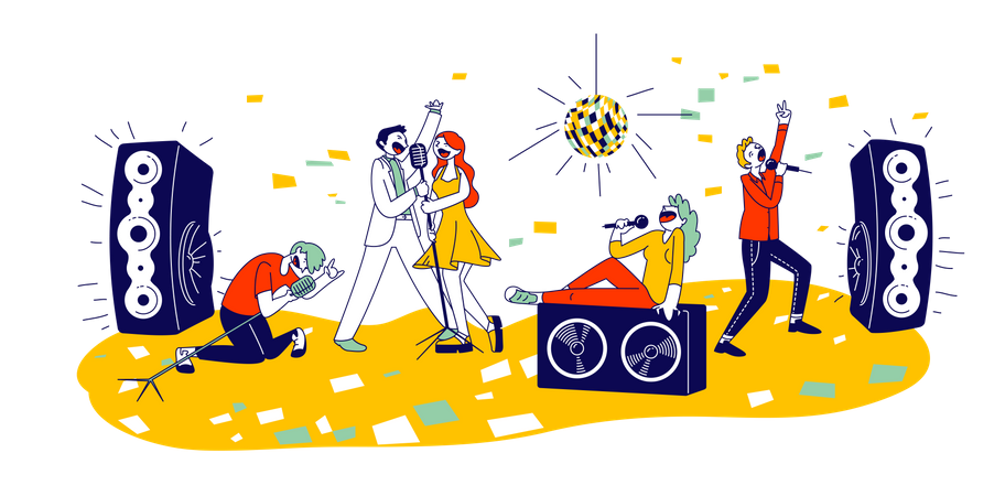 Young People Dancing and Singing in Karaoke Club  Illustration