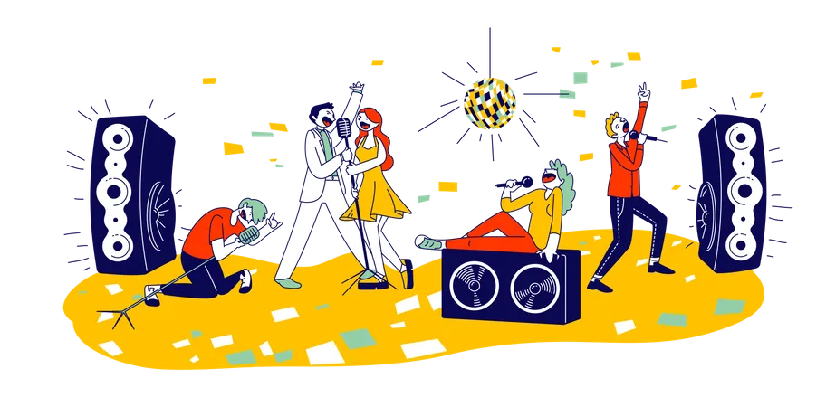 Young People Dancing and Singing in Karaoke Club  Illustration