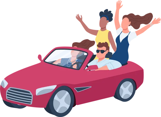 Young people driving red convertible car  Illustration