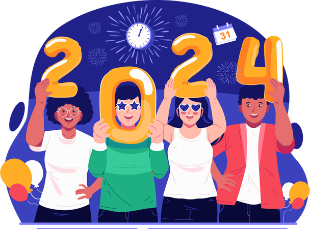 Young People Each Holding a Number That Read 2024  イラスト