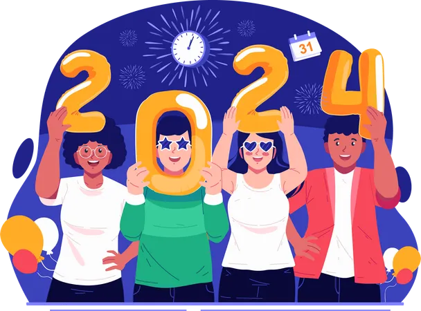 Happy New Year Concept Illustration With A Group Of Young People Each Holding A Number That Read 2024 Celebrating New Years Eve Illustration