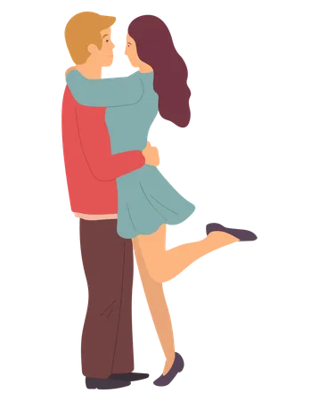 Young People Embarrassing Isolated On White Vector Cartoon Characters Male And Female Standing On One Leg And Gently Hugging Each Other Couple In Love Illustration