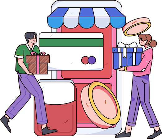 Young people getting shopping reward from online shopping  Illustration