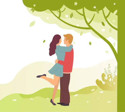 Young People Embarrassing In Green Spring Park Vector Cartoon Characters Male And Female Standing On One Leg And Gently Hugging Each Other Couple In Love Illustration