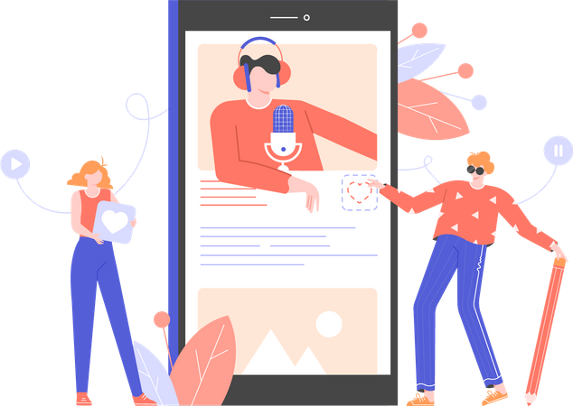Young people listen to a lecture on a smartphone  Illustration