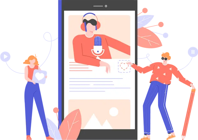 Young people listen to a lecture on a smartphone  Illustration