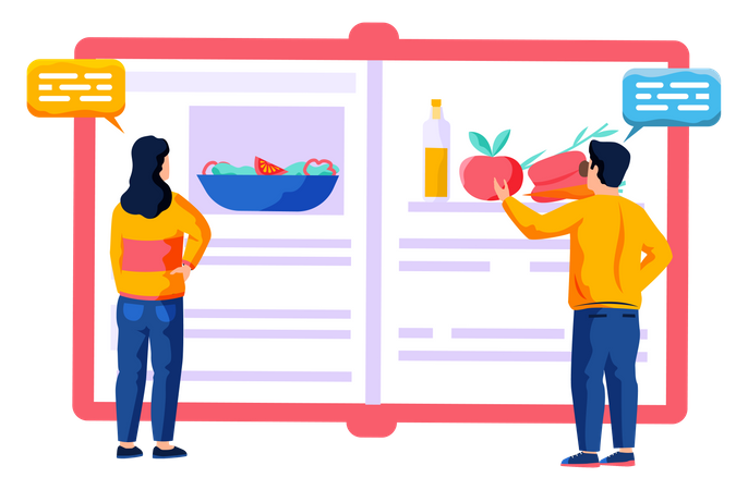 Young people look at a cookbook and discuss the recipes written in it  일러스트레이션