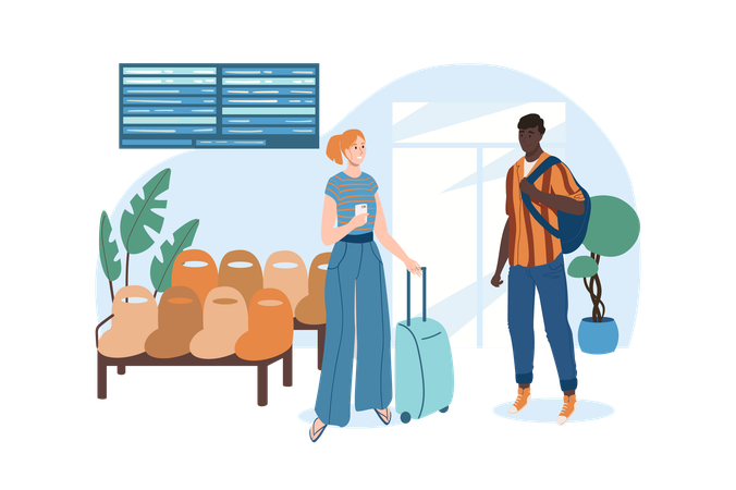 Young people Man and woman waiting for the flight in the lounge  Illustration