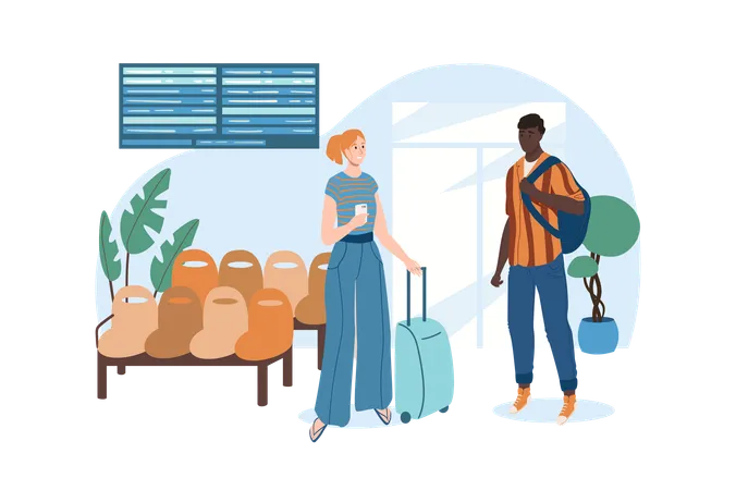 Blue Concept Airport With People Scene In The Flat Cartoon Design Young People Man And Woman Waiting For The Flight In The Lounge Vector Illustration Illustration