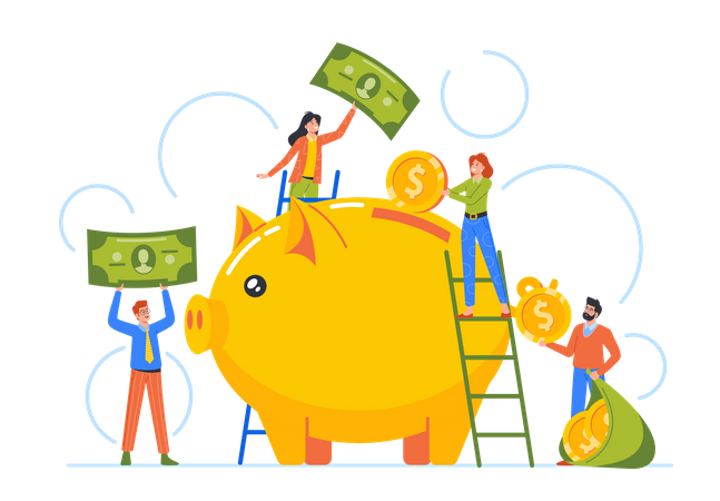 Young People Put Money Into Huge Piggy Bank Illustration