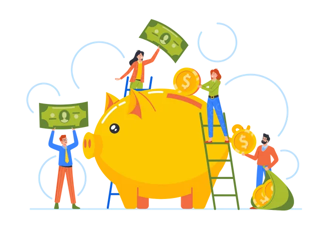 Young People Put Money Into Huge Piggy Bank Illustration