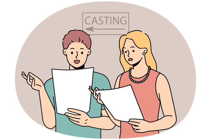 Young people reading lines in script prepare for casting in studio  Illustration