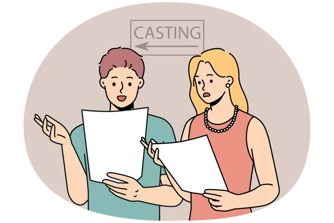 Young people reading lines in script prepare for casting in studio  Illustration