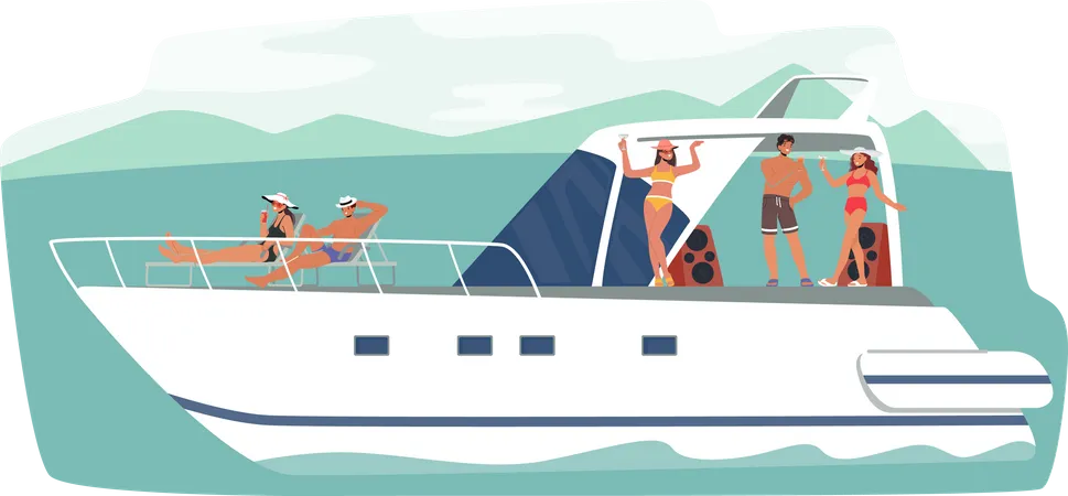 Young People Relax on Luxury Yacht at Ocean Illustration
