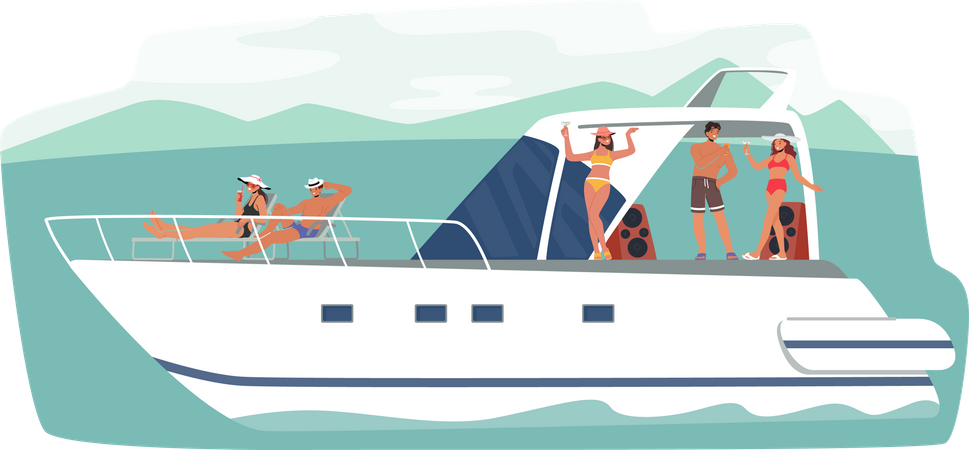 Young People Relax on Luxury Yacht at Ocean  Illustration