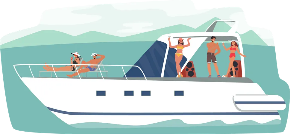 Young People Relax on Luxury Yacht at Ocean  Illustration