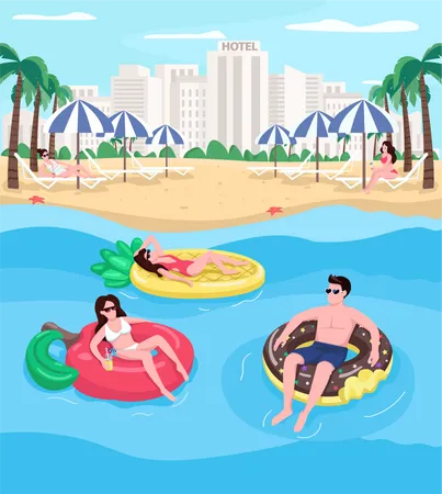 Young People Relaxing At Beach Flat Color Vector Illustration People Floating On Air Mattresses Donut Shaped Float Summertime Holidays 2 D Cartoon Characters With Cityscape On Background Illustration
