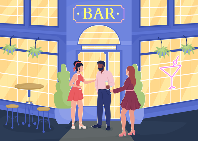 Young people standing near bar entrance  Illustration