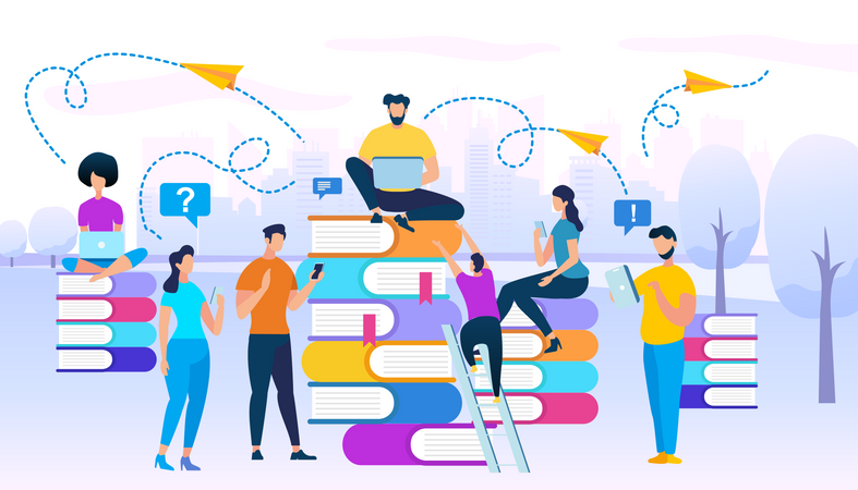 Young People Stydying Together Sit on Books Heaps  Illustration