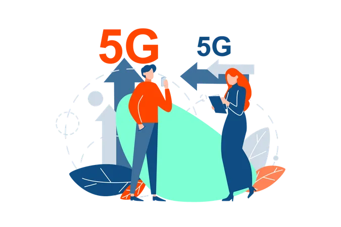 5 G Connection Modern Communication Concept Man And Woman Use Modern Digital Innovative Technologies Together Boy And Girl Are Standing Under 5 G Letter With Mobile Phone And Tablet Flat Vector Illustration