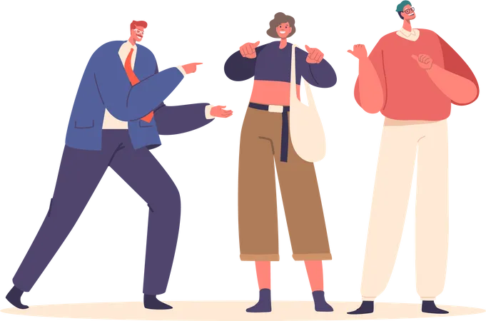 Young People Use Indicating Gestures To Communicate Express Emotions And Convey Ideas Nonverbally Cheerful Male Characters Pointing On Confident Woman In Center Cartoon People Vector Illustration Illustration