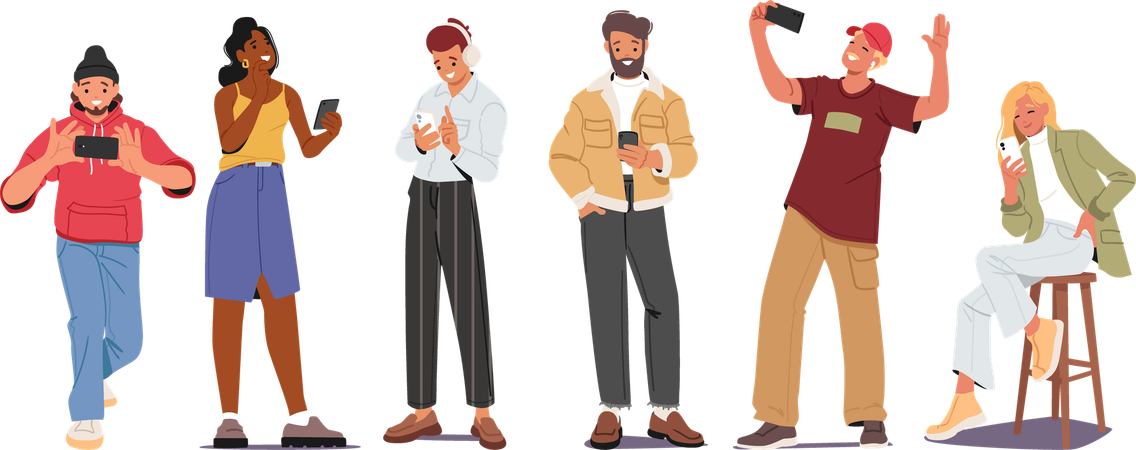 Young people using smartphone enjoying different hobby  Illustration